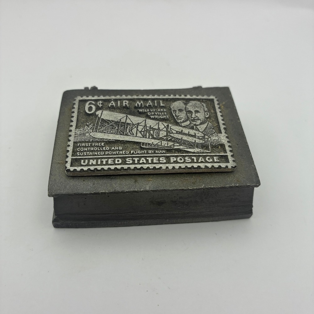 Pewter Wright Brothers 6c Air Mail Stamp Trinket Box Red Felt Lined Vintage